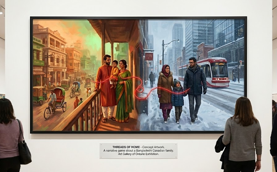 Video game concept artwork on display at the Art Gallery of Ontario, where Chowdhury‑5's work from <i>Threads of Home</i> was exhibited