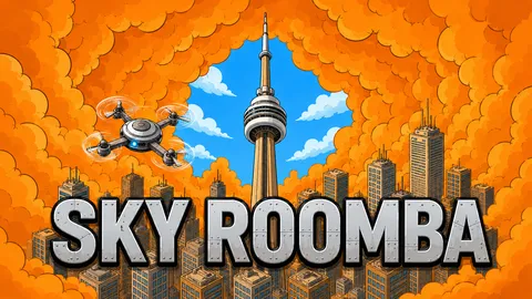 Sky Roomba cover art: a flying vacuum drone over the Toronto skyline and orange haze