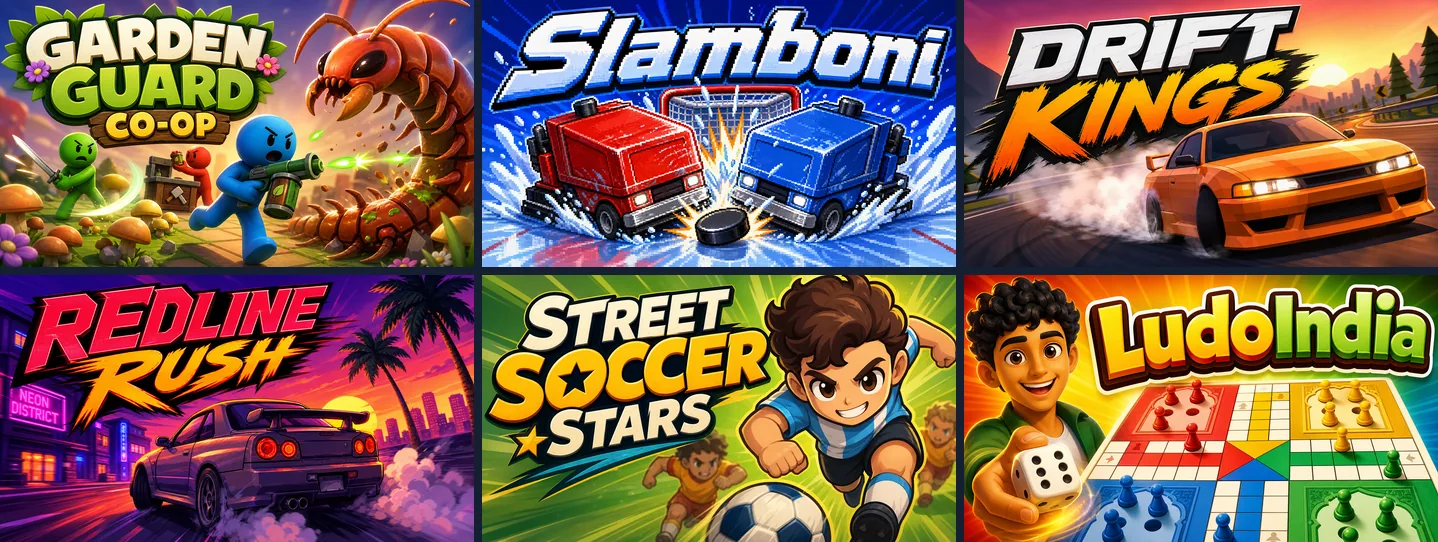 Cover art of six games made on Chatforce: Garden Guard Co-op, Slamboni, Drift Kings, Redline Rush, Street Soccer Stars and LudoIndia