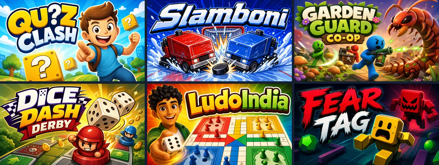 Cover art of six games made on Chatforce: Quiz Clash, Slamboni, Garden Guard Co-op, Dice Dash Derby, LudoIndia and Fear Tag